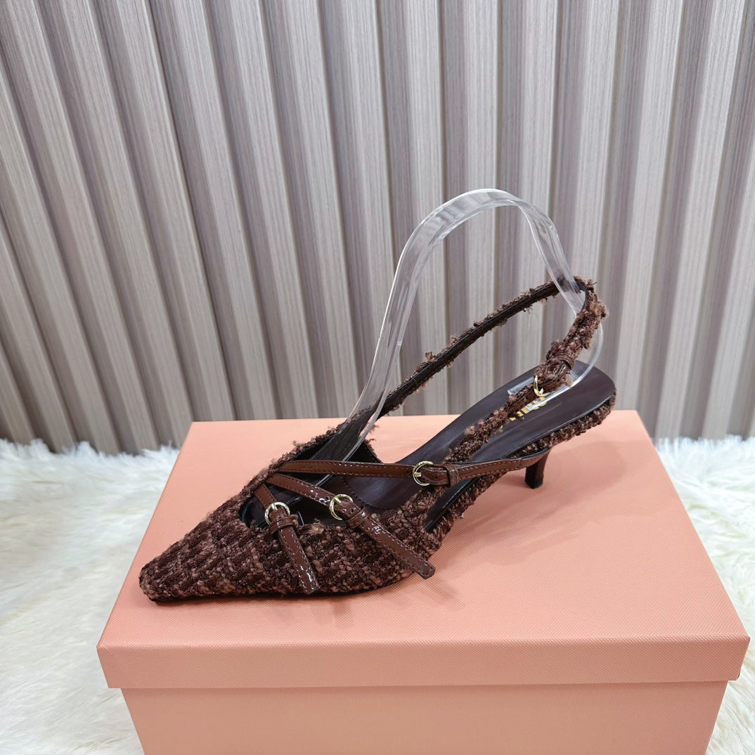 CROSS STRAP HIGH HEELED SLINGBACK IN CHOCOLATE TWEED