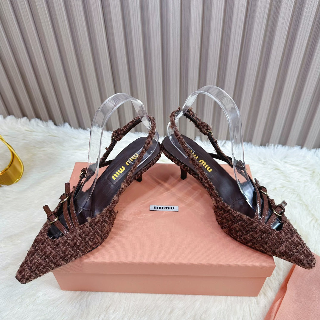 CROSS STRAP HIGH HEELED SLINGBACK IN CHOCOLATE TWEED
