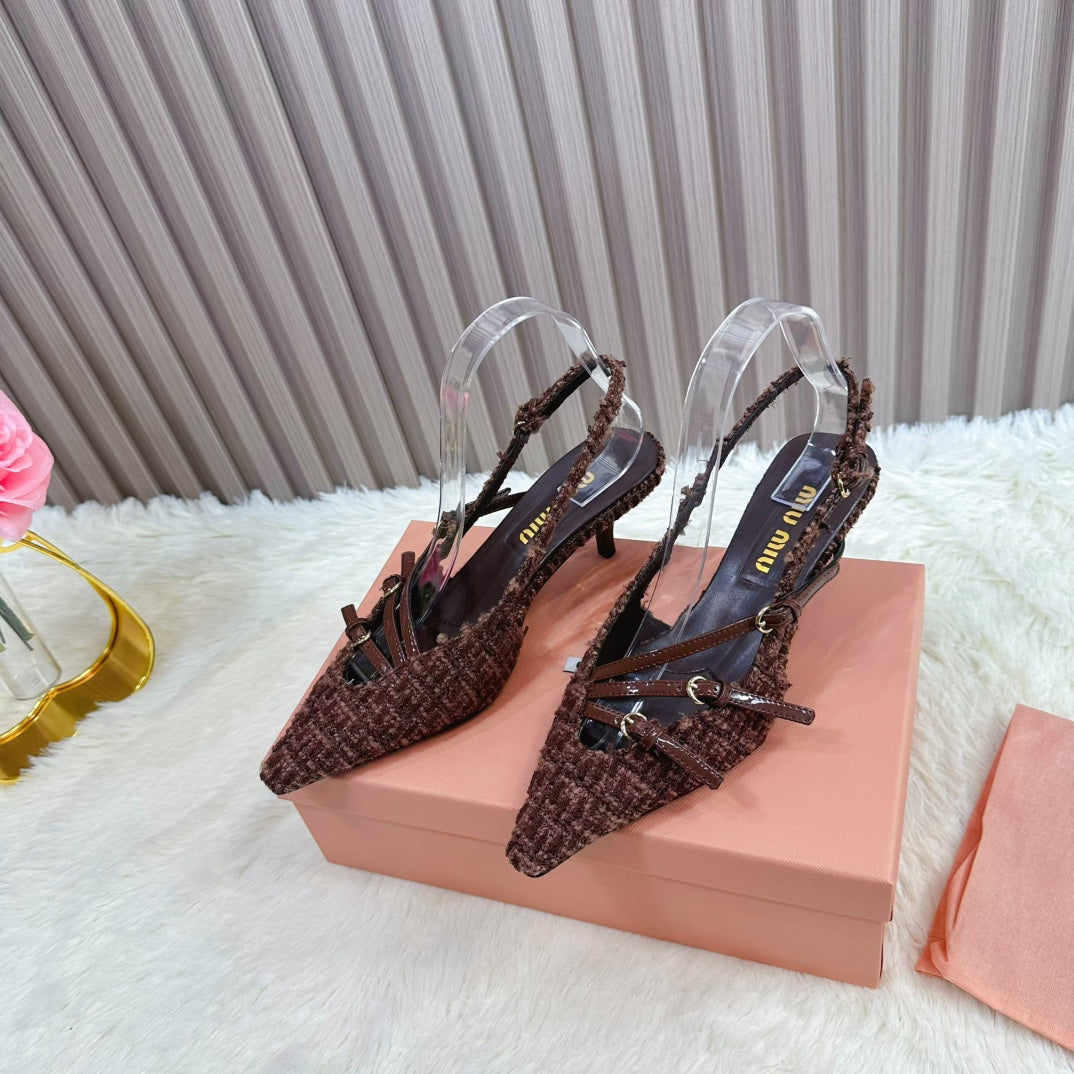 CROSS STRAP HIGH HEELED SLINGBACK IN CHOCOLATE TWEED