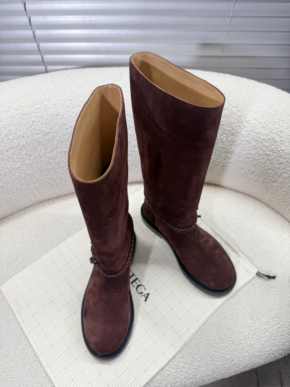 BOTTEGA VENETA 26S TALL BOOTS IN BROWN SUEDE WITH ROPE DETAIL