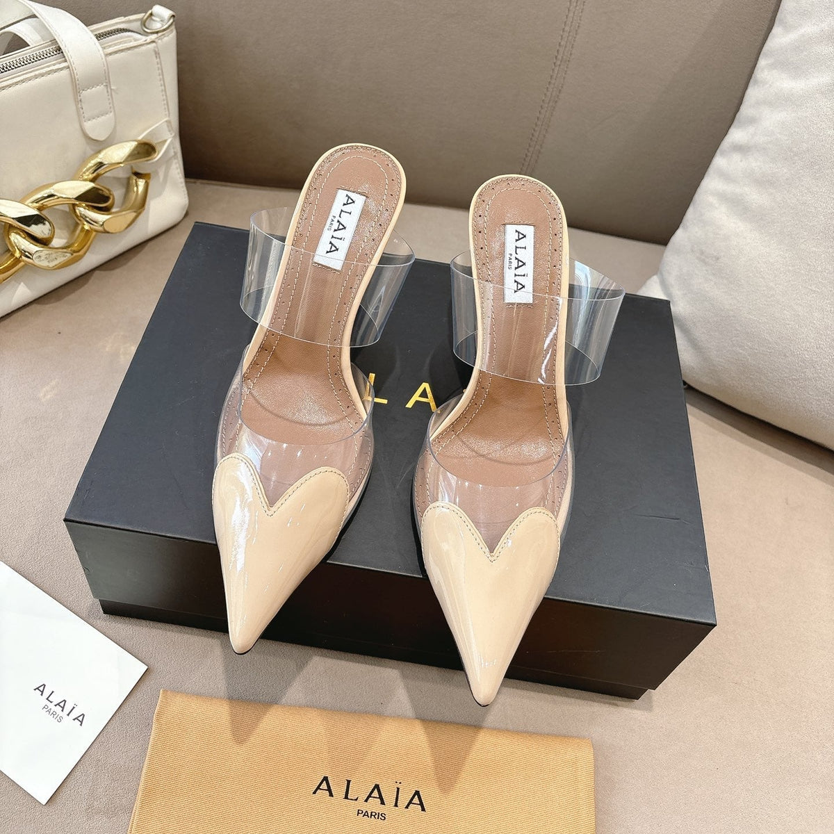 ALAIA 26S HIGH-HEEL WEDGE MULES 95 MM IN BEIGE GLOSSY CALFSKIN