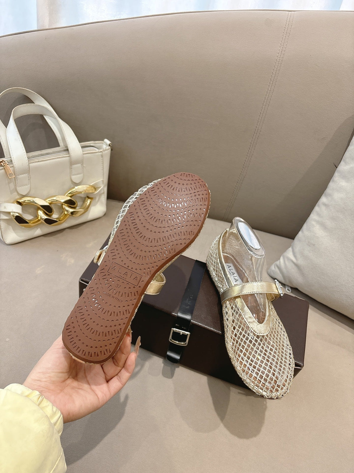 ALAIA 26S MESH FLATS IN LIGHT GOLD LAMBSKIN
