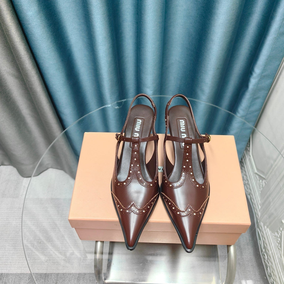 SLINGBACK WALNUT COLOR LAMBSKIN WITH T- STRAPS