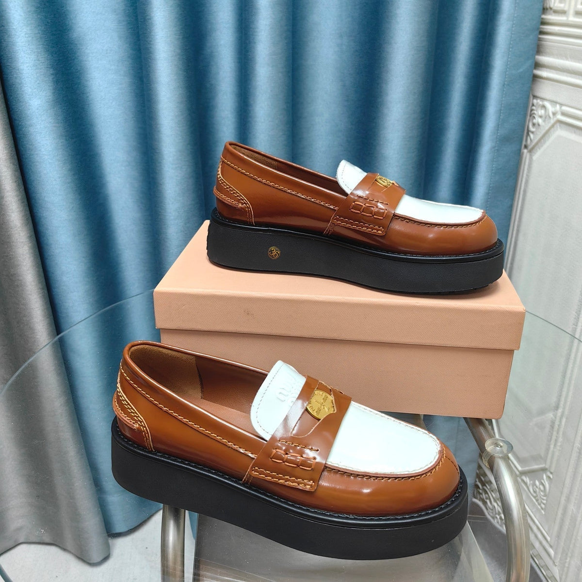 THICK-SOLED LOAFERS SHOES CARAMEL MIX WHITE COWHIDE