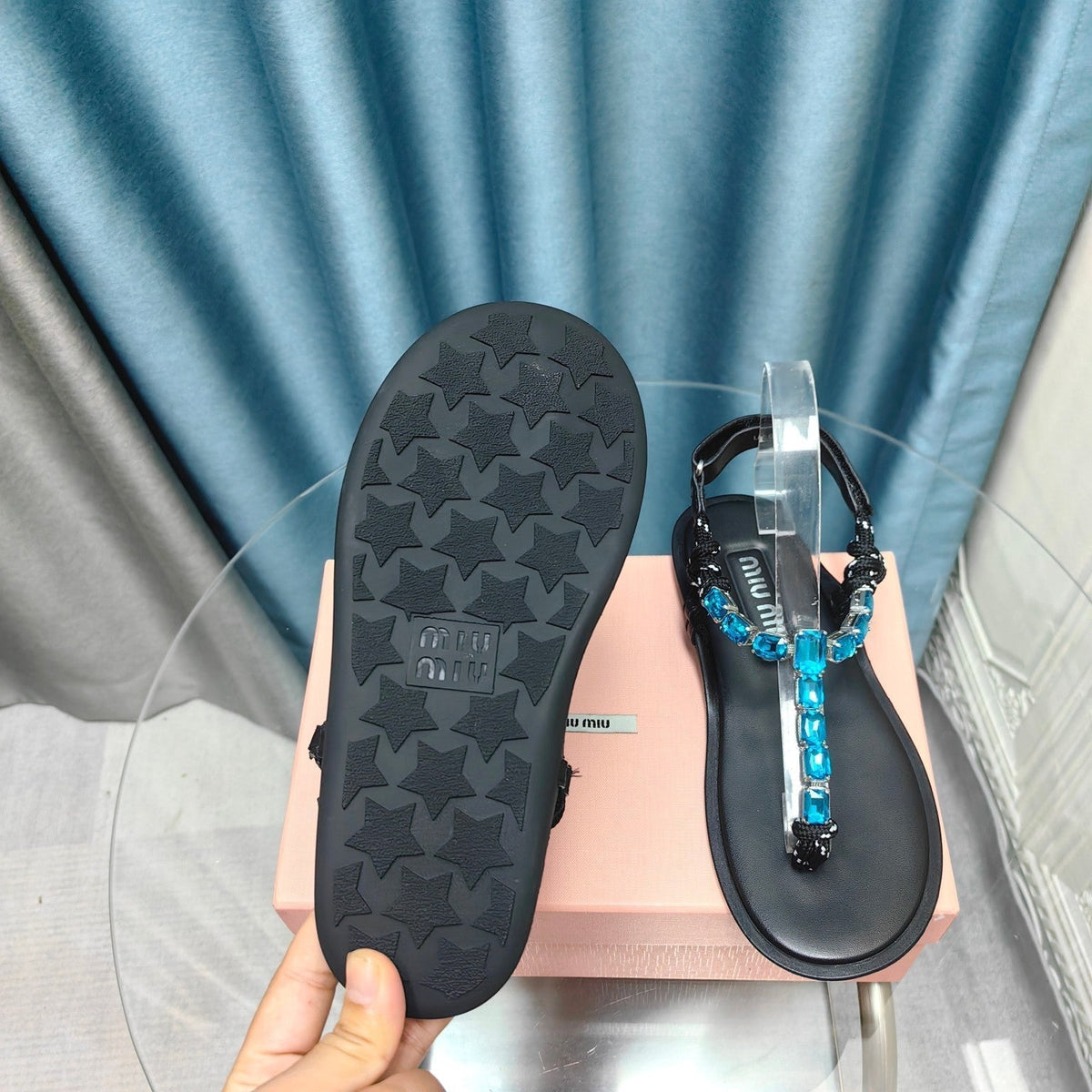 FLIP-FLOPS BLACK COWHIDE WITH CRYSTALS-SAPPHIRE BLUE
