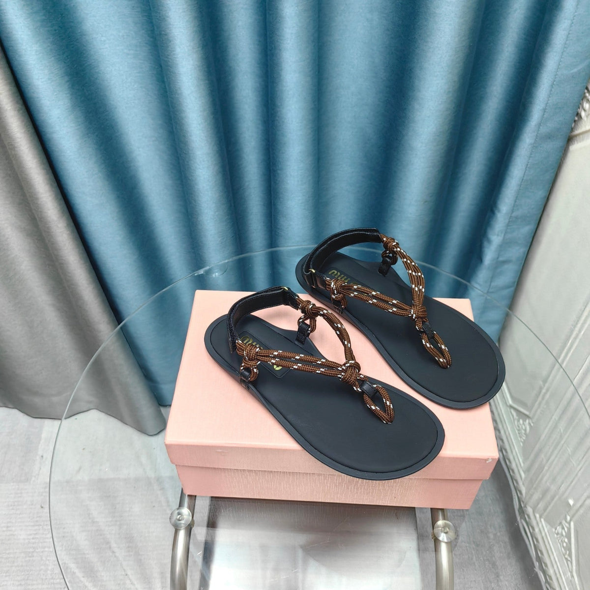 FLIP-FLOPS SANDAL BLACK SHEEPSKIN WITH BROWN STRAP