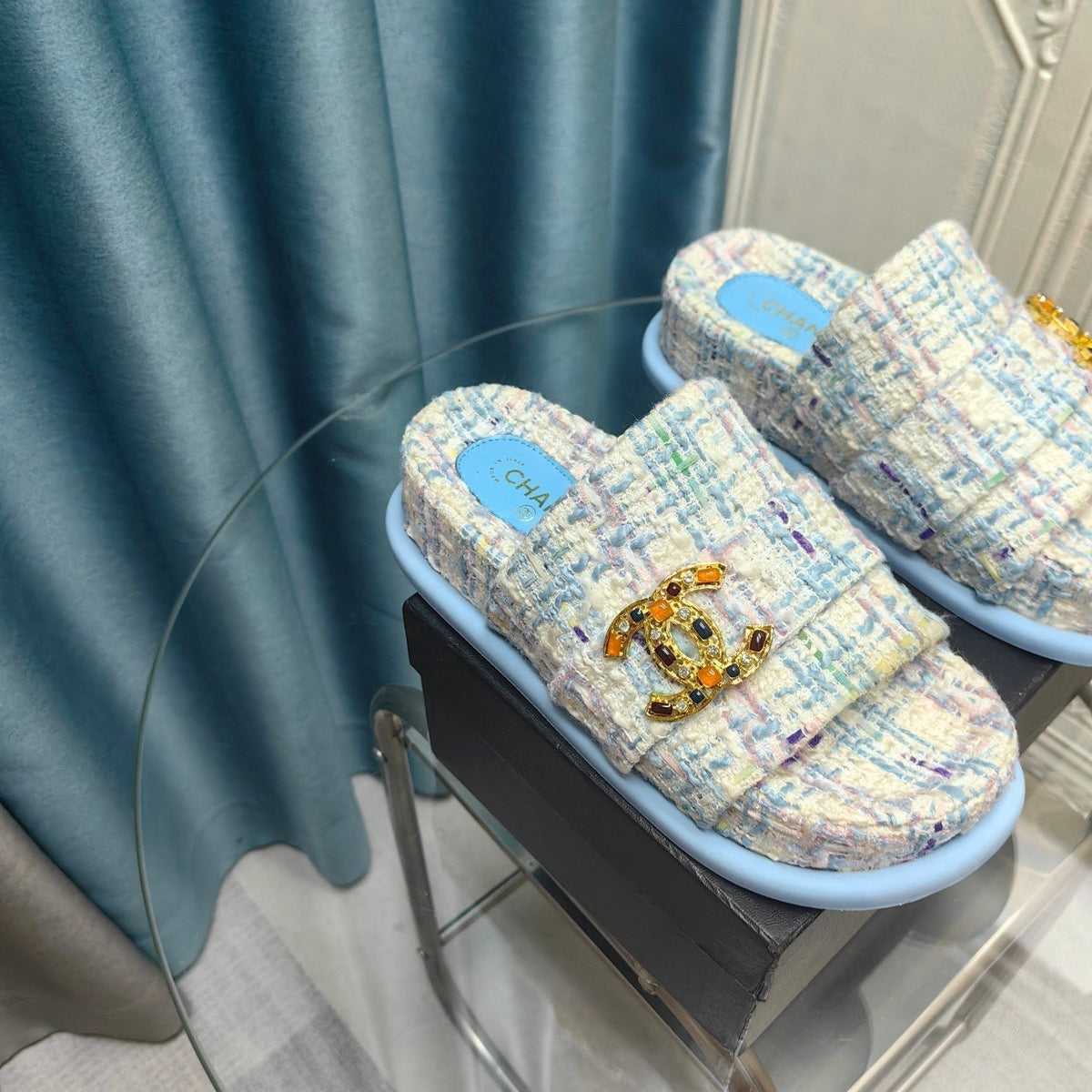 PLATFORM HEELS SANDALS IN LIGHT BLUE TWEED