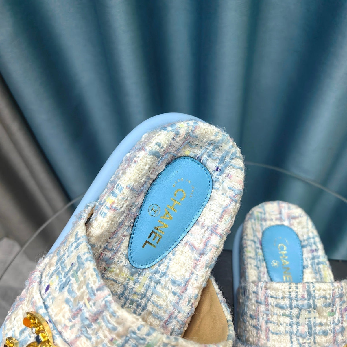 PLATFORM HEELS SANDALS IN LIGHT BLUE TWEED