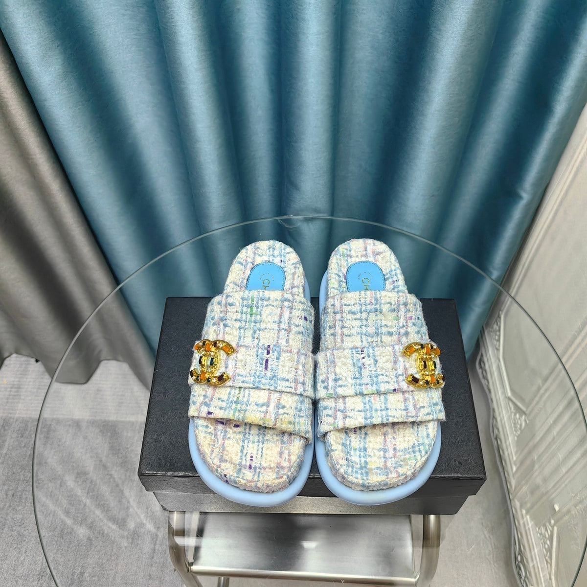 PLATFORM HEELS SANDALS IN LIGHT BLUE TWEED