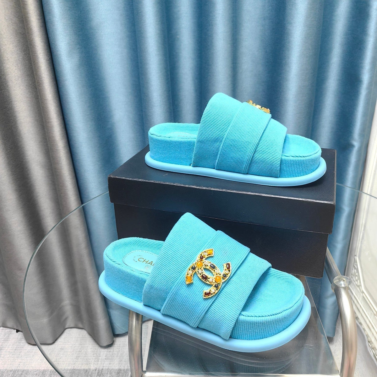 PLATFORM HEELS SANDALS IN SAPPHIRE BLUE WOOLEN FABRIC