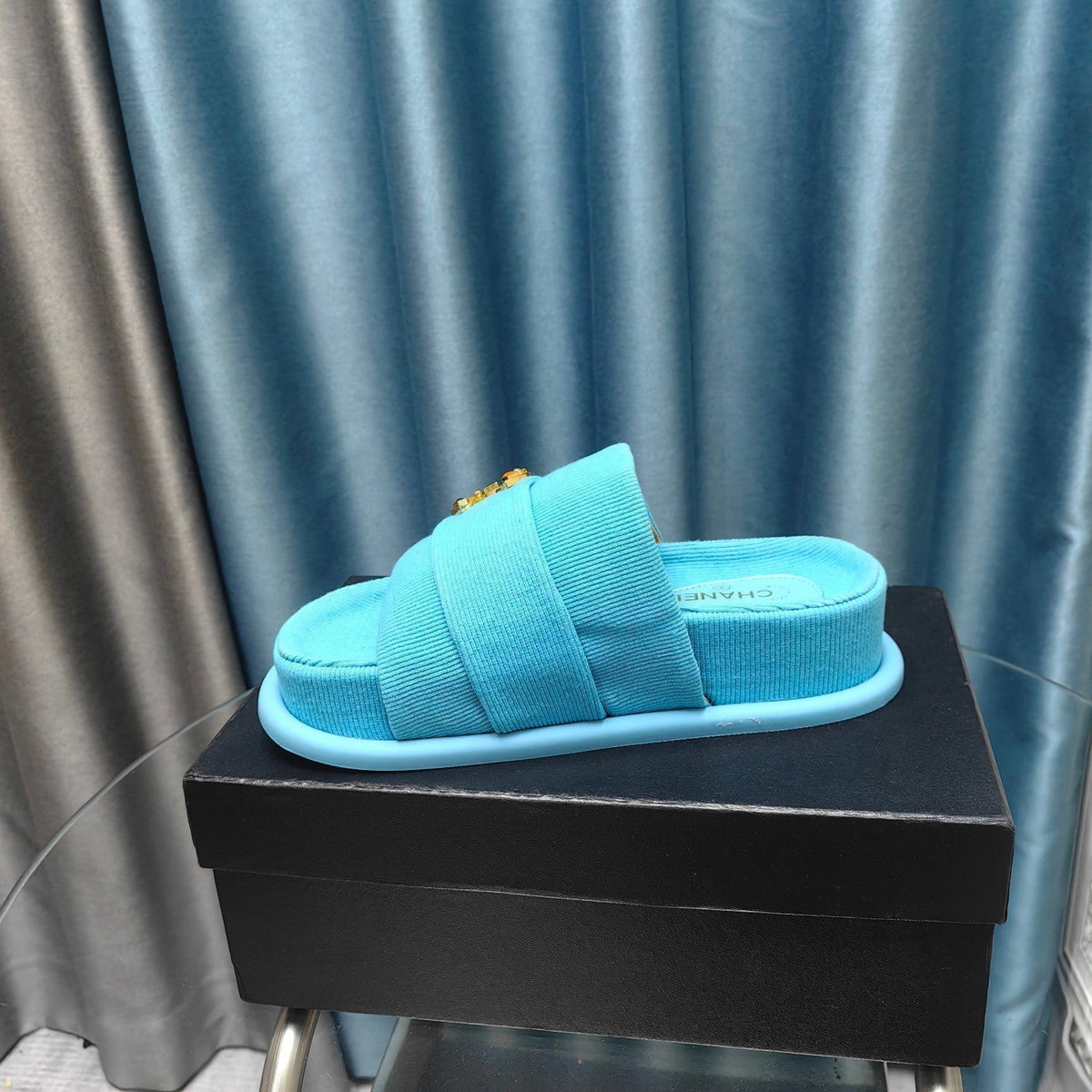 PLATFORM HEELS SANDALS IN SAPPHIRE BLUE WOOLEN FABRIC