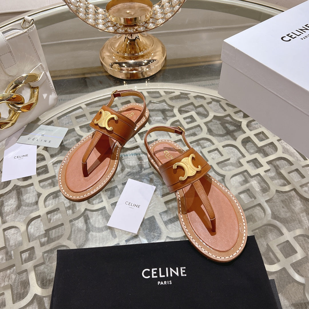 LYMPIA TRIOMPHE THONG IN CALFSKIN CARAMEL BROWN