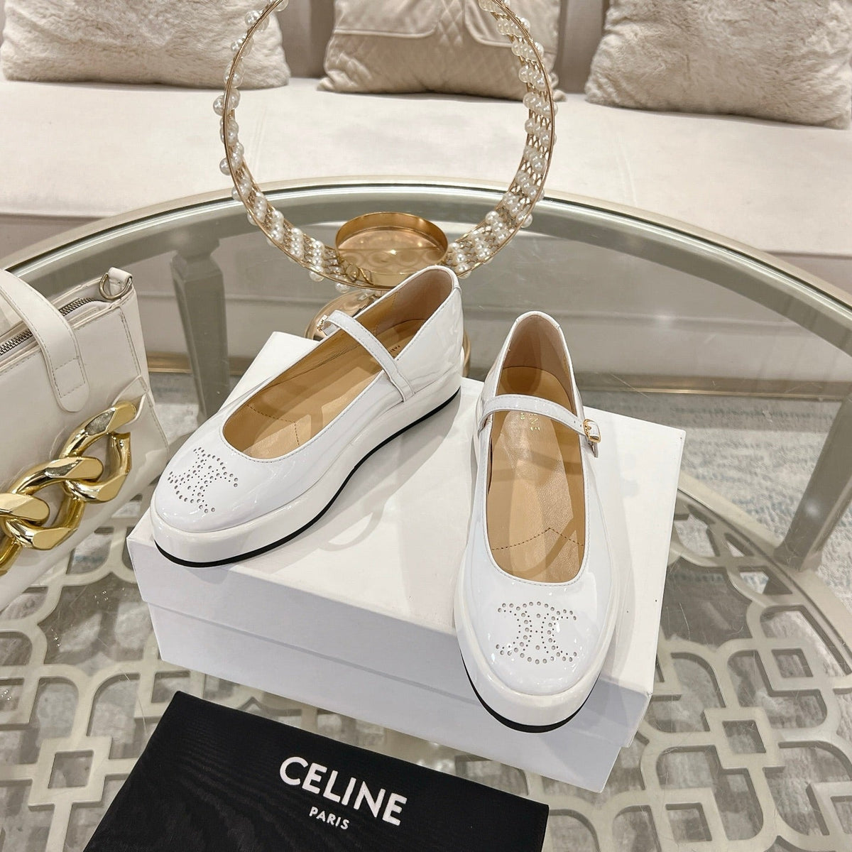 CLARA WEDGE MARY-JANE BALLERINA IN WHITE PATENT CALFSKIN