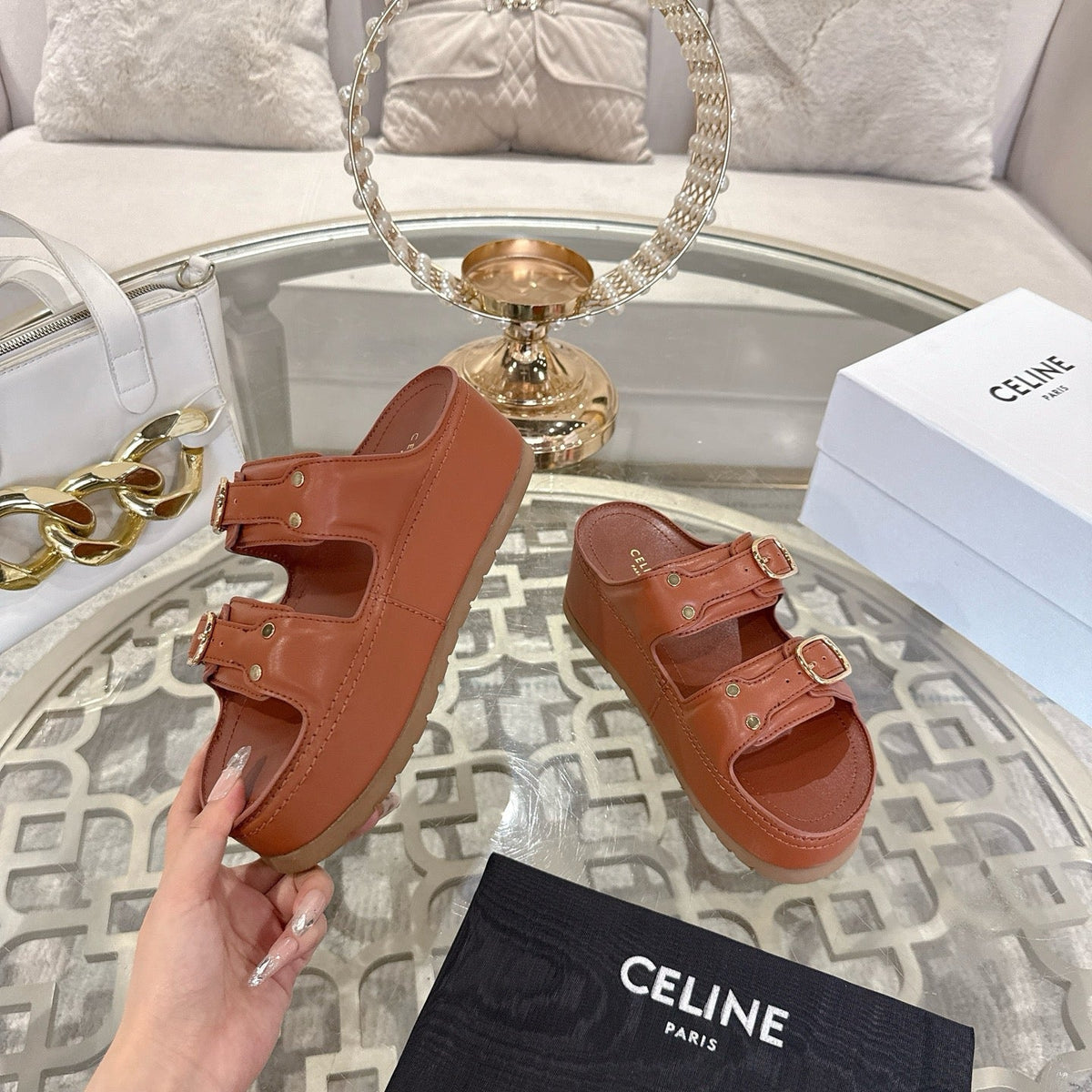 POLLY WEDGE MULE IN TAN BROWN SHINY CALFSKIN