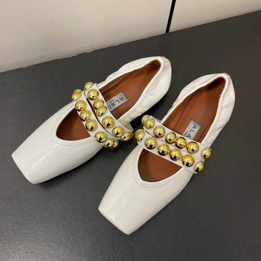 ALAIA BALLET FLATS IN WHITE GLOSSY CALFSKIN WITH GOLD HARDWARE