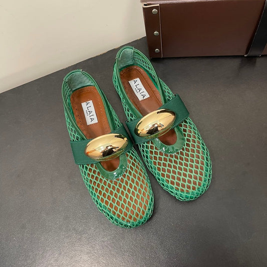 ALAIA BALLET FLATS IN COOL GREEN MESH FISHNET WITH GOLD HARDWARE