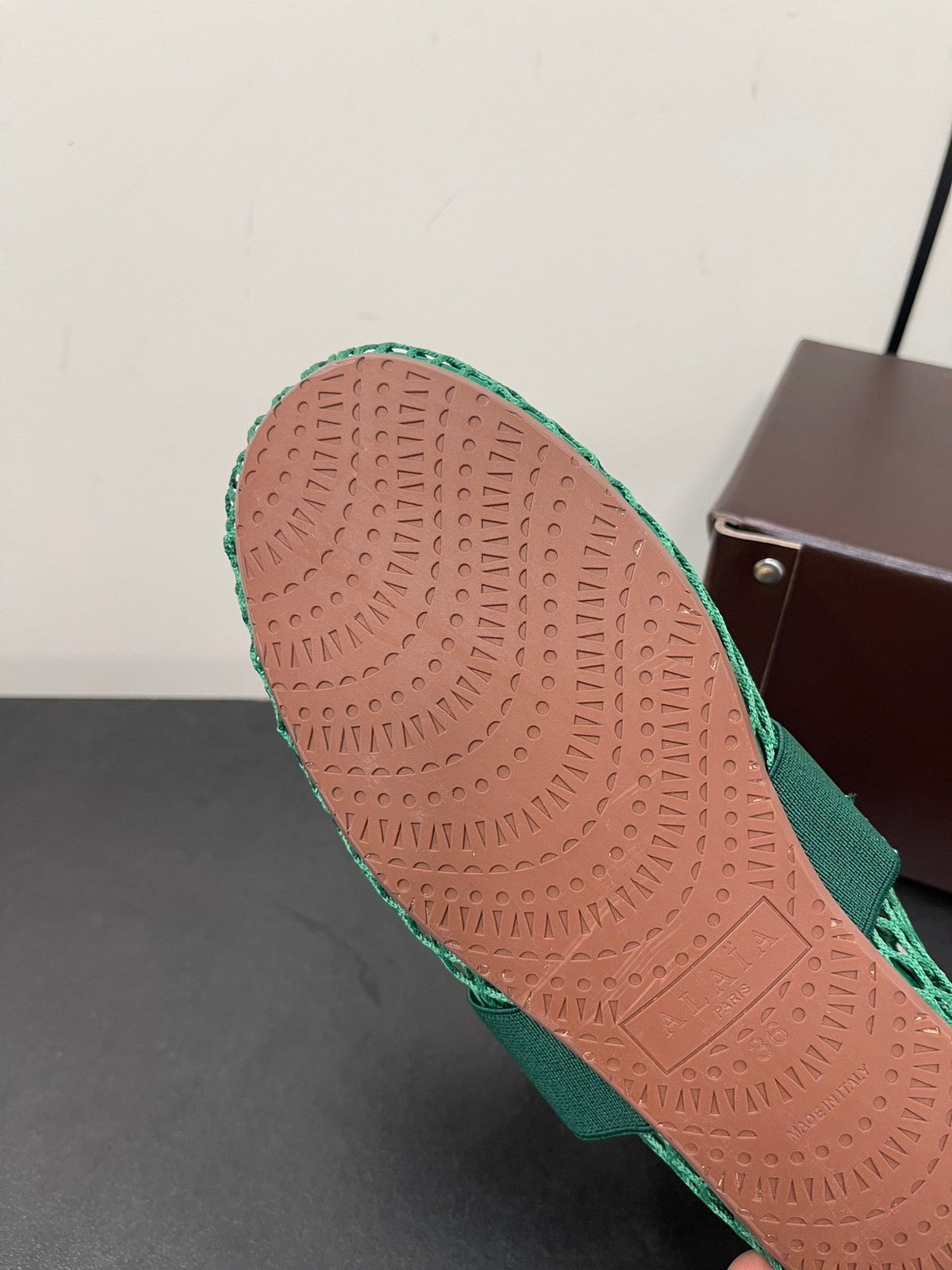 ALAIA BALLET FLATS IN COOL GREEN MESH FISHNET WITH GOLD HARDWARE