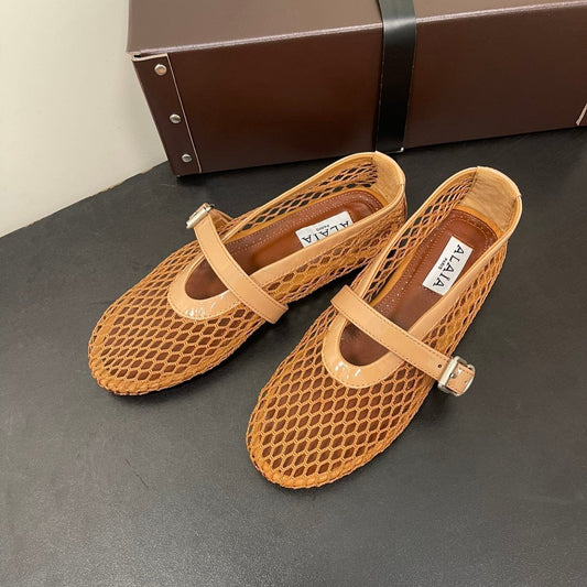 ALAIA BALLET FLATS IN COPPER BROWN MESH FISHNET