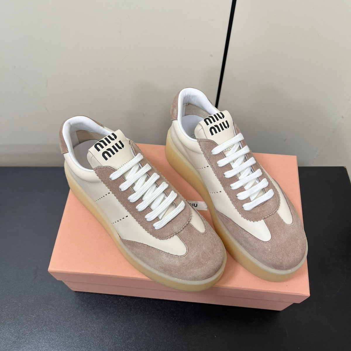 THICK-SOLED RETRO SNEAKERS IN CREAM LAMBSKIN AND PLASTER SUEDE