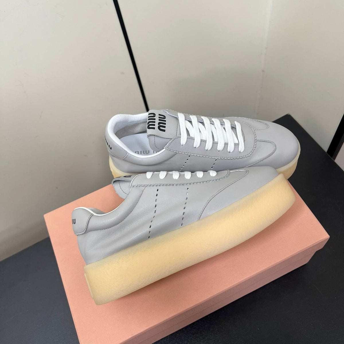 THICK-SOLED RETRO SNEAKERS IN PALE GRAY SMOOTH LAMBSKIN