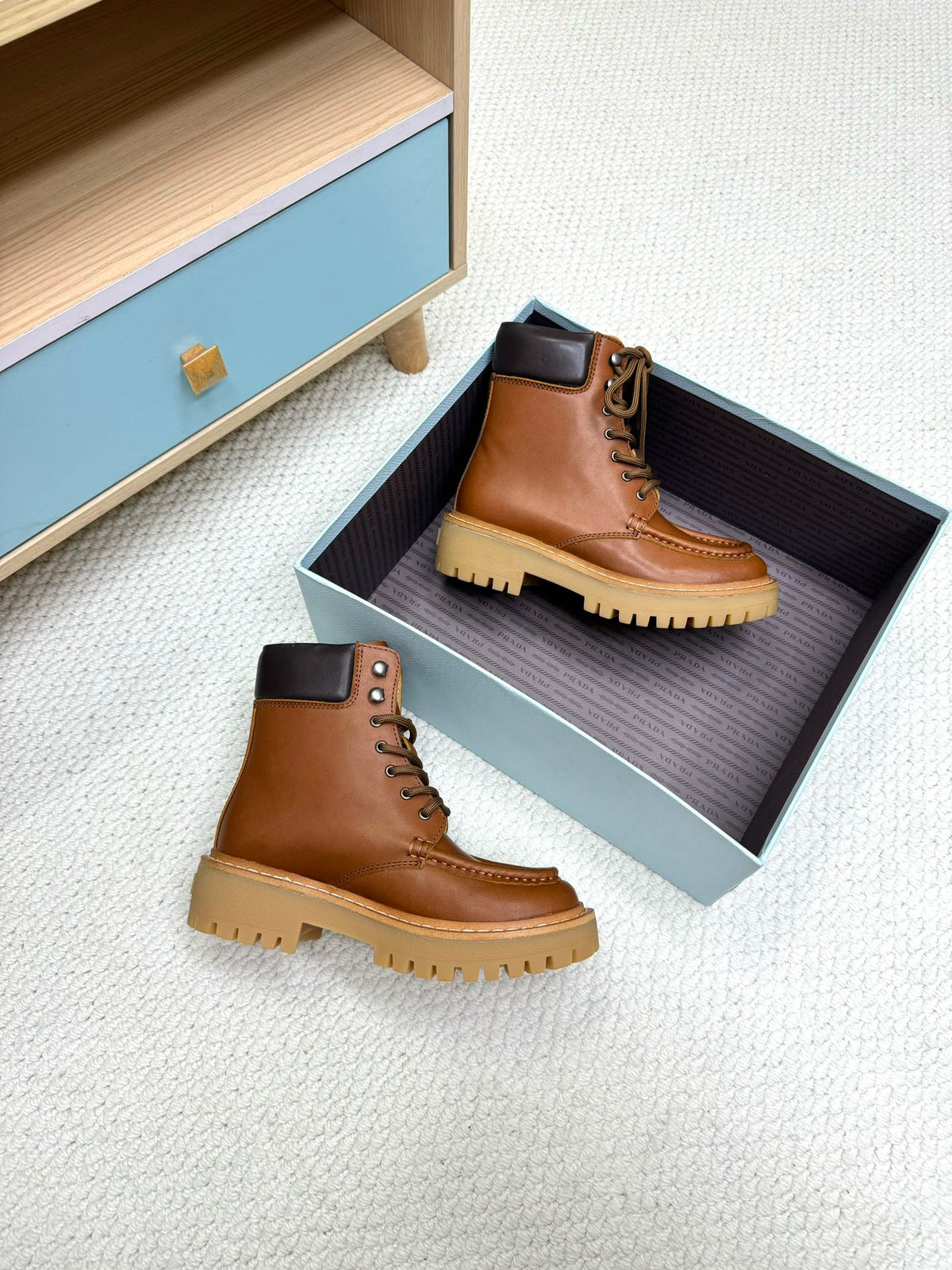 PRADA 25S LACE-UP ANKLE BOOTS IN BROWN CALFSKIN