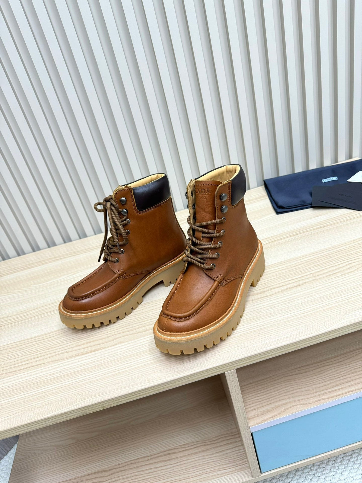 PRADA 25S LACE-UP ANKLE BOOTS IN BROWN CALFSKIN