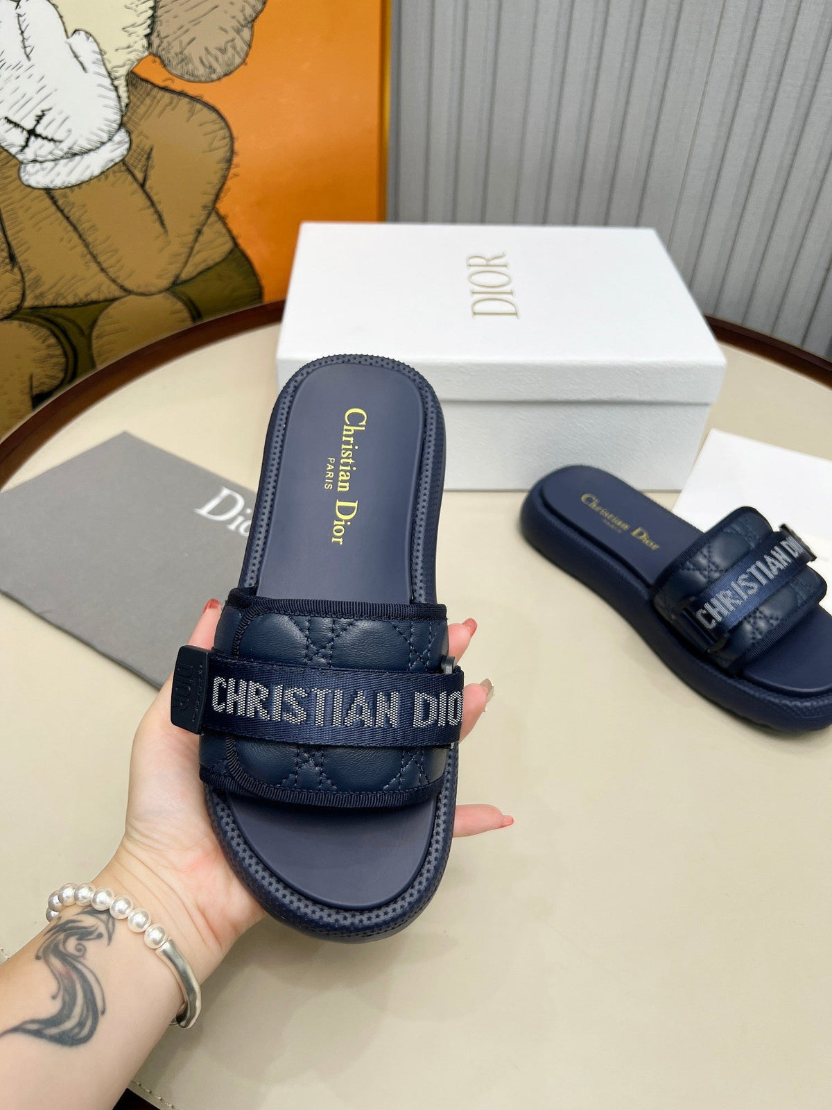 PLATFORM SLIDES 25S 50MM IN NAVY BLUE CALFSKIN AND ELECTRIC FABRIC