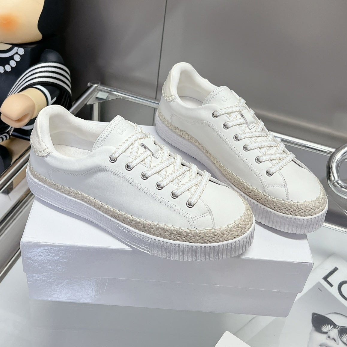 TELMA LACE-UP SNEAKER IN WHITE LAMBSKIN AND RAFFIA