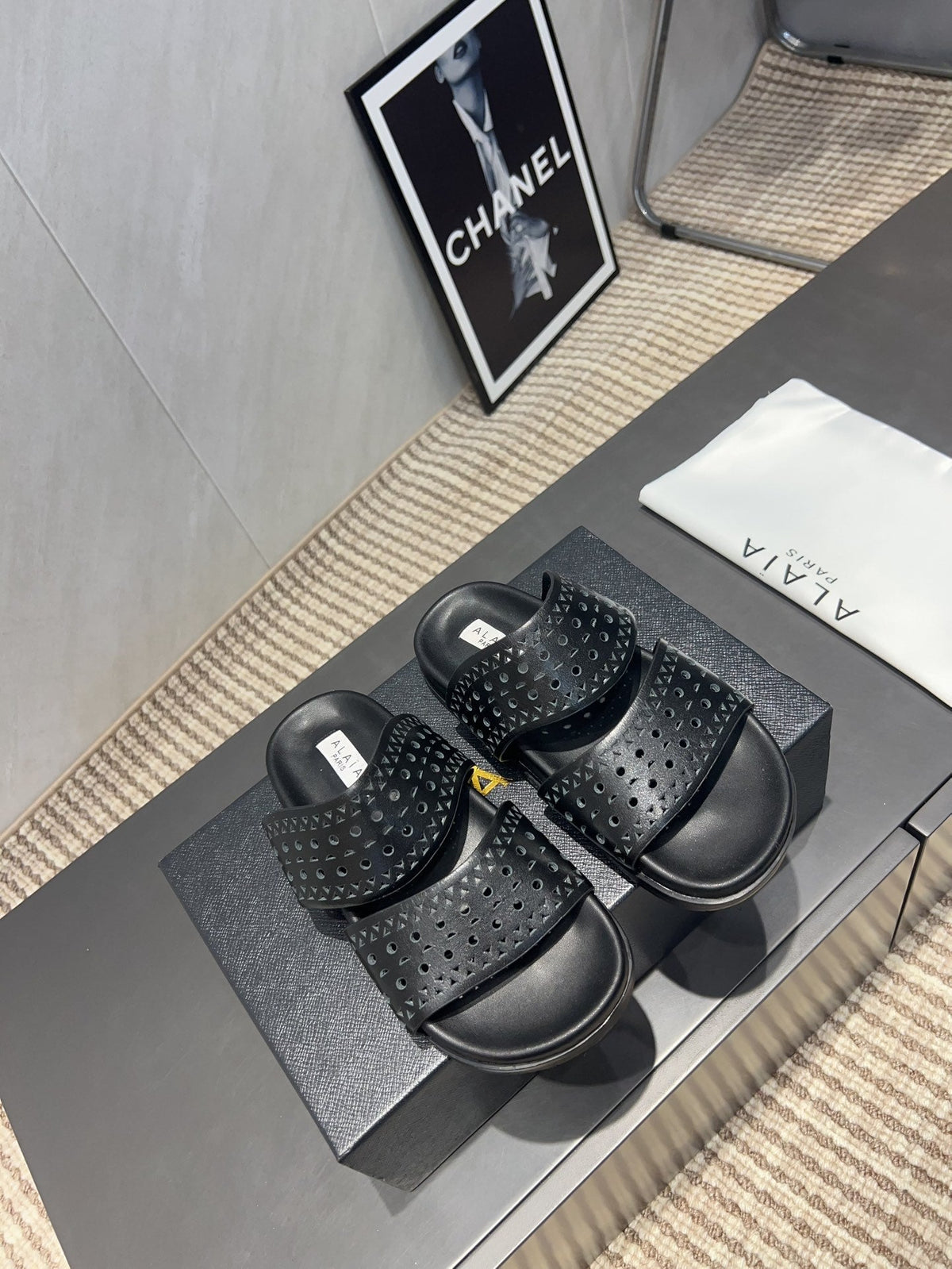 ALAIA CHUNKY TWO-STRAP SLIDES 25S IN BLACK CALFSKIN