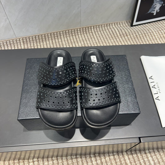 ALAIA CHUNKY TWO-STRAP SLIDES 25S IN BLACK CALFSKIN
