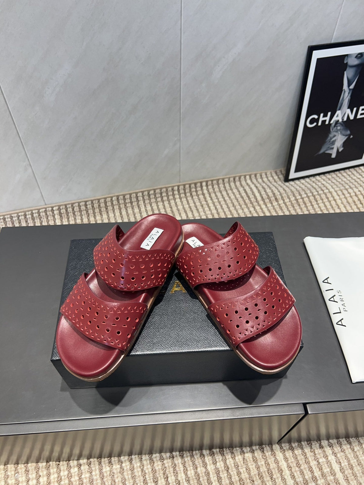 ALAIA CHUNKY TWO-STRAP SLIDES 25S IN DARK RED CALFSKIN