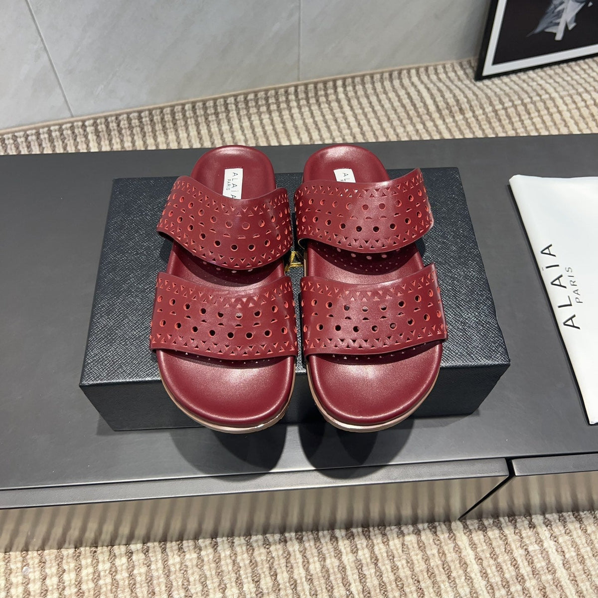 ALAIA CHUNKY TWO-STRAP SLIDES 25S IN DARK RED CALFSKIN