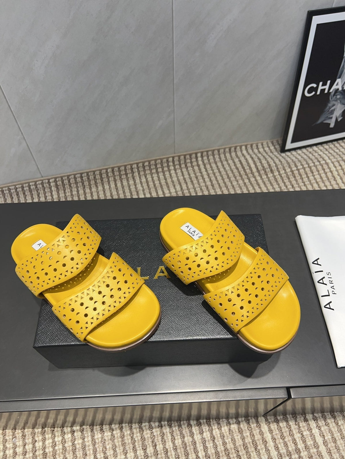 ALAIA CHUNKY TWO-STRAP SLIDES 25S IN YELLOW CALFSKIN