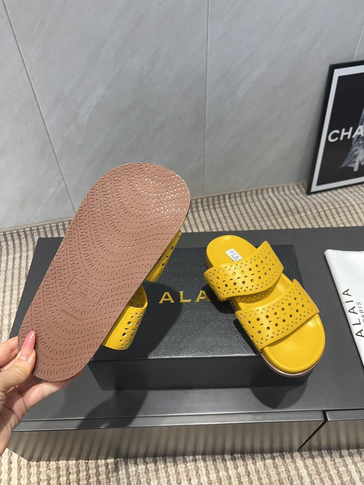 ALAIA CHUNKY TWO-STRAP SLIDES 25S IN YELLOW CALFSKIN