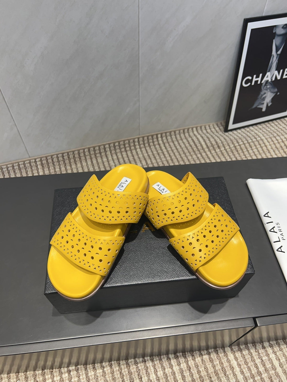 ALAIA CHUNKY TWO-STRAP SLIDES 25S IN YELLOW CALFSKIN