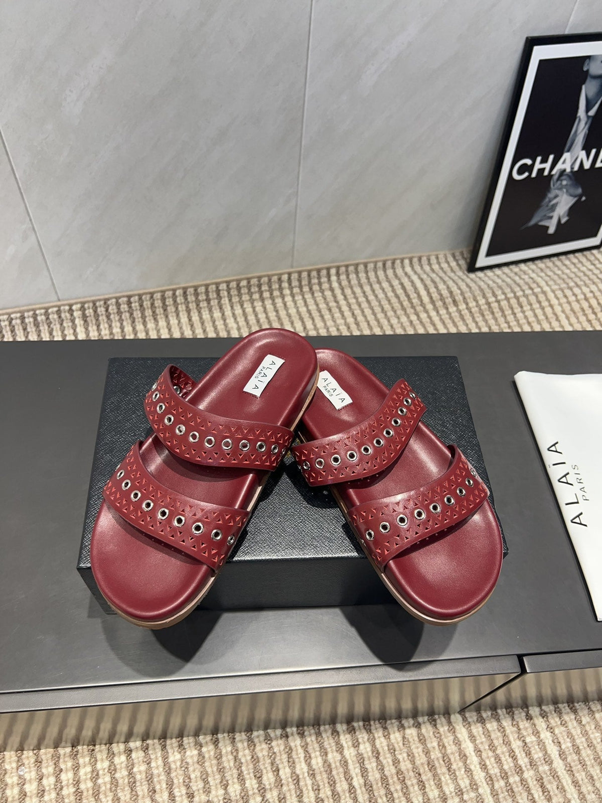 ALAIA DOUBLE-STRAP SANDALS 25S IN DARK RED CALFSKIN