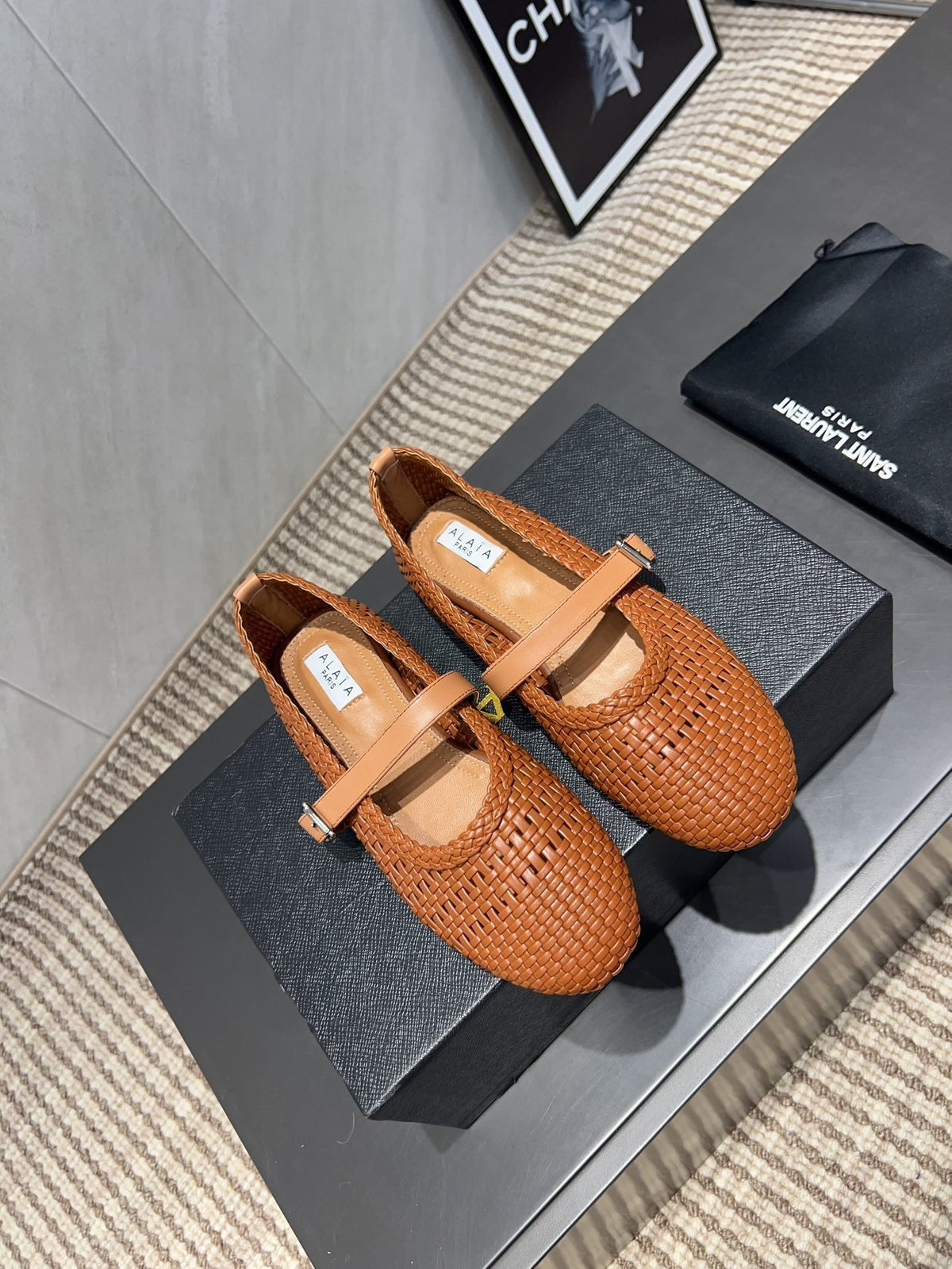 ALAIA MARY JANE FLATS WOVEN PATTERN 25S IN BURNT ORANGE CALFSKIN