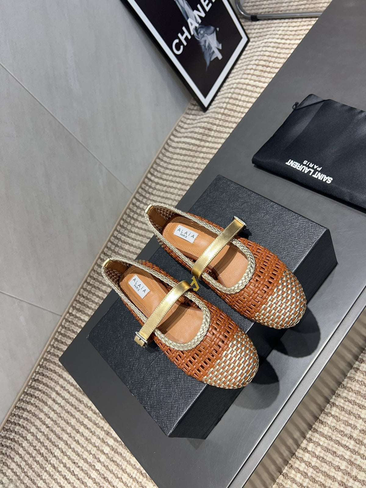 ALAIA MARY JANE FLATS WOVEN PATTERN 25S IN BROWN CALFSKIN