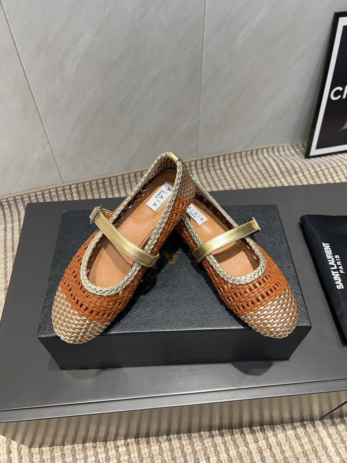 ALAIA MARY JANE FLATS WOVEN PATTERN 25S IN BROWN CALFSKIN