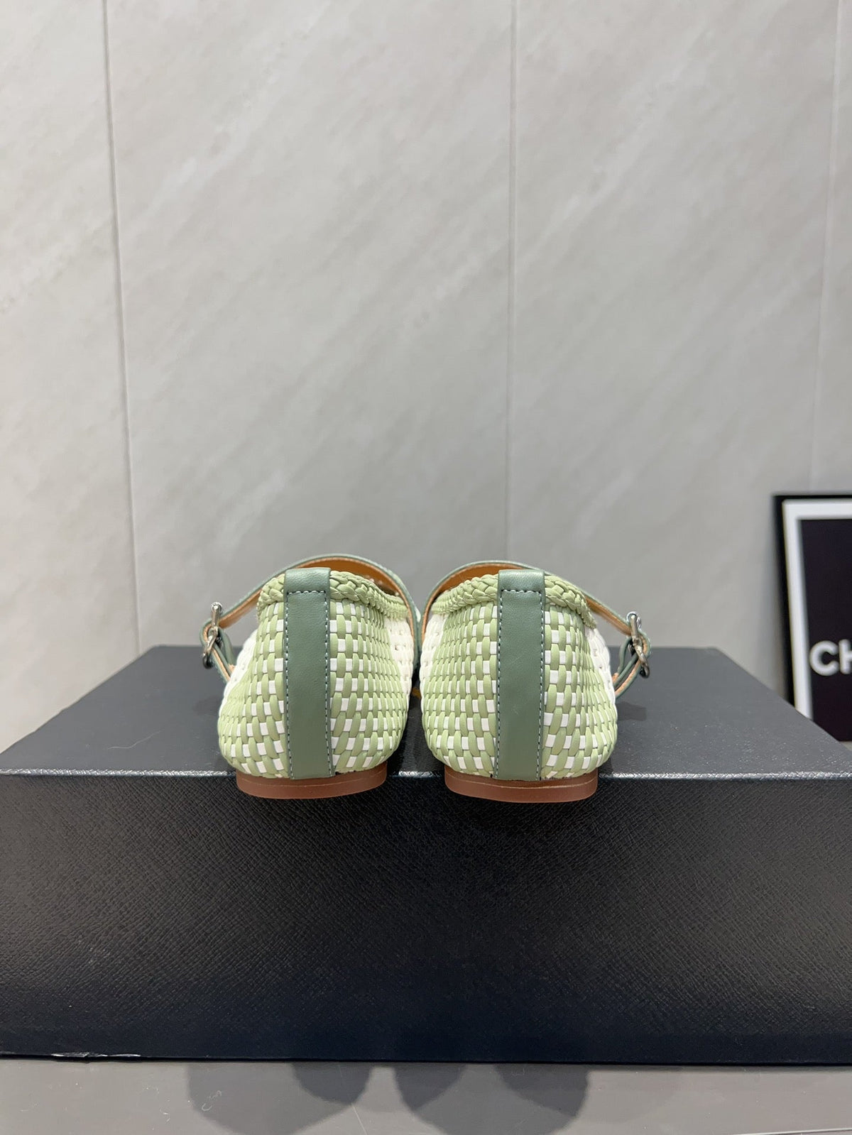 ALAIA MARY JANE FLATS WOVEN PATTERN 25S IN WHITE MIX PASTEL GREEN CALFSKIN