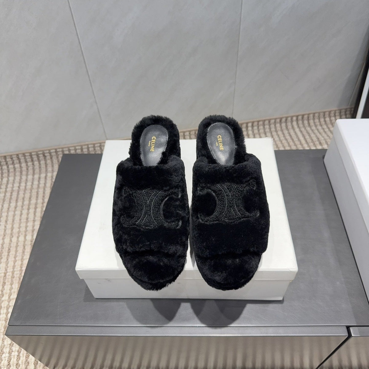 CELINE 26S HIGH-HEEL SANDALS IN BLACK PURE WOOL