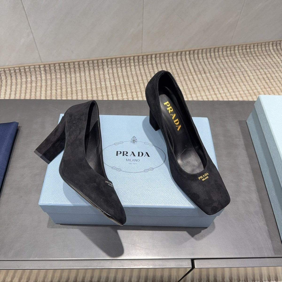 PRADA 26S SQUARE TOE HIGH HEELS 85MM IN BLACK SUEDE