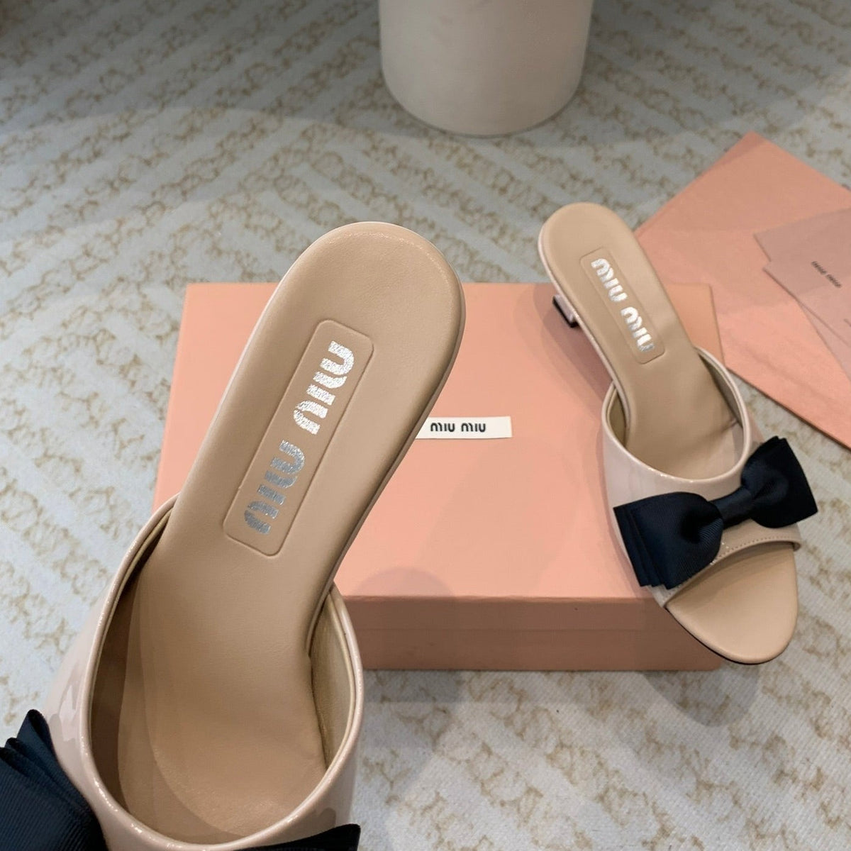 Nude Beige Mid - Heels With Black Bow Calfskin