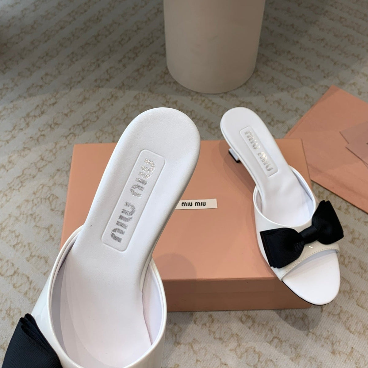 White Mid - Heels With Black Bow Calfskin