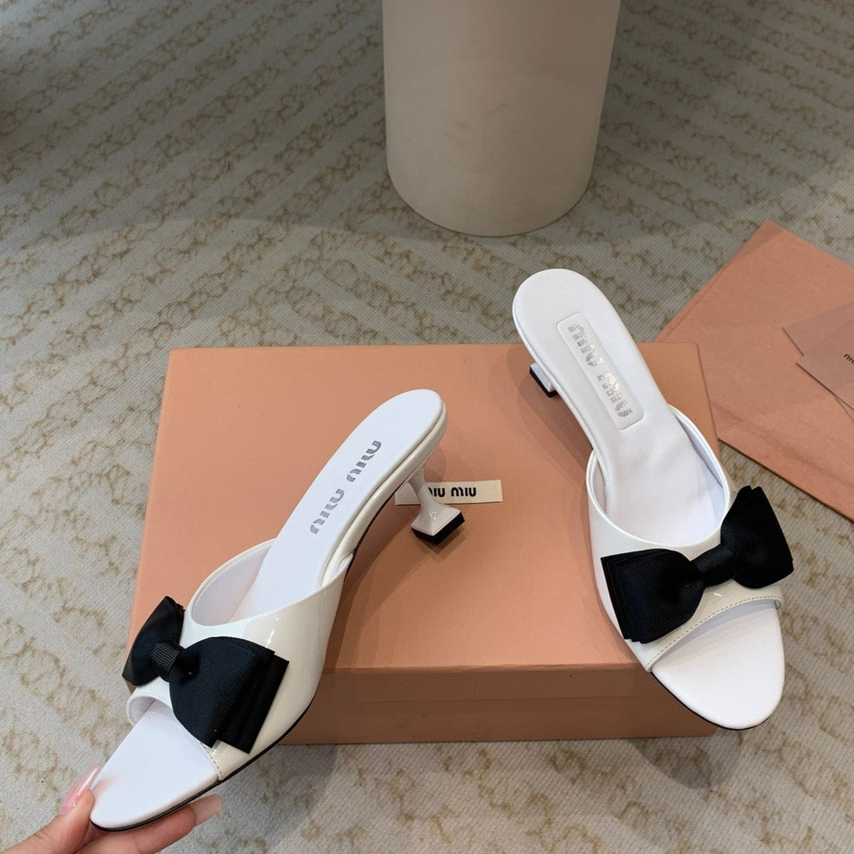 White Mid - Heels With Black Bow Calfskin