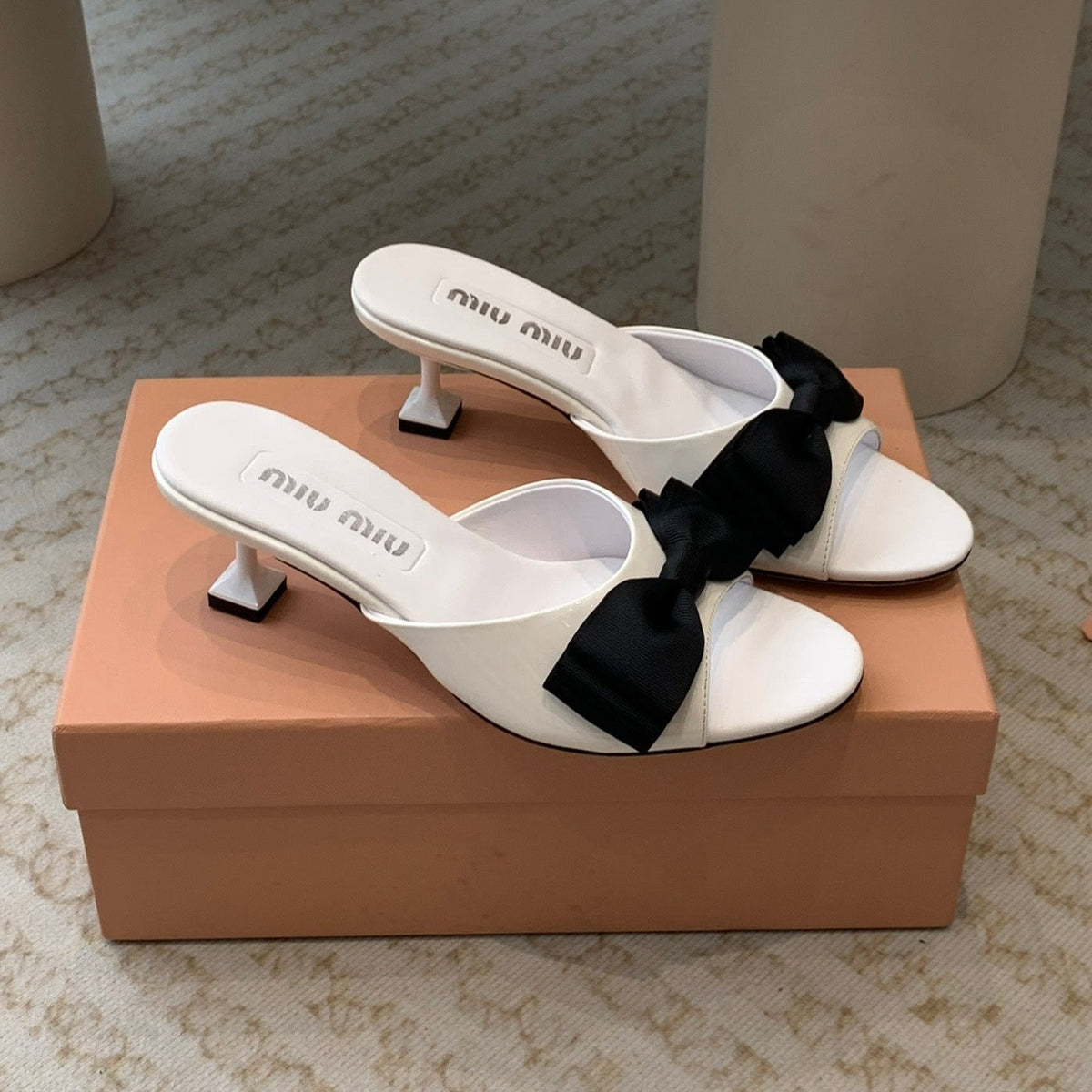 White Mid - Heels With Black Bow Calfskin