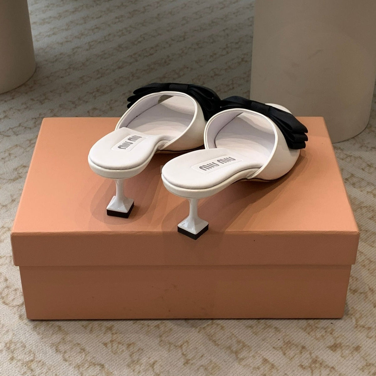 White Mid - Heels With Black Bow Calfskin