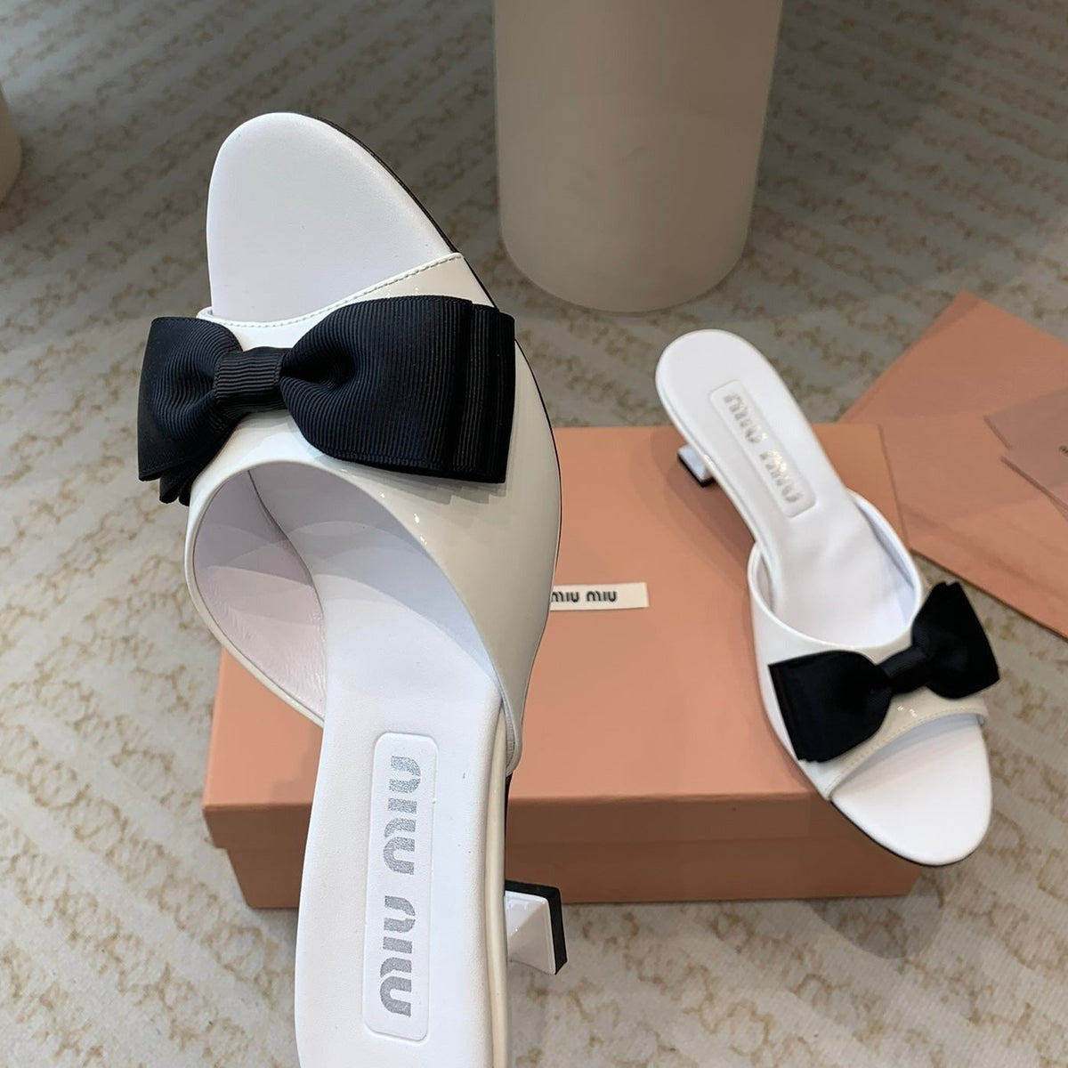 White Mid - Heels With Black Bow Calfskin