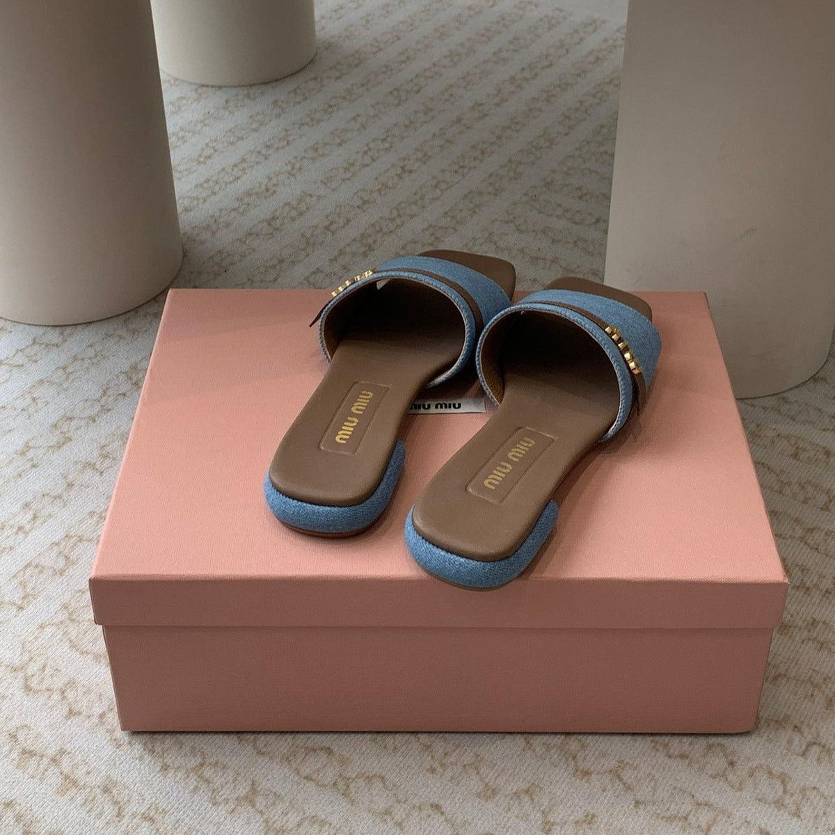 Women's Caramel Denim Slippers With Azure Blue Straps And Belt
