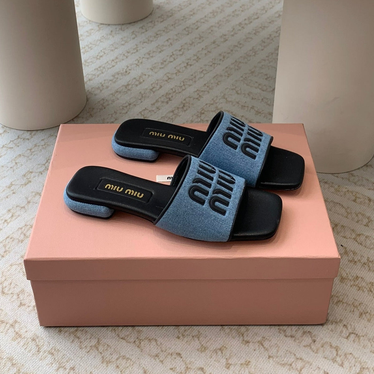 Women's Black Denim Slippers With Azure Blue Straps